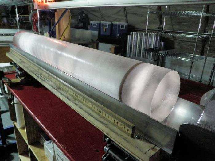 In this West Antarctic ice core, the dark band corresponds to a layer of volcanic ash that settled about 21,000 years ago.