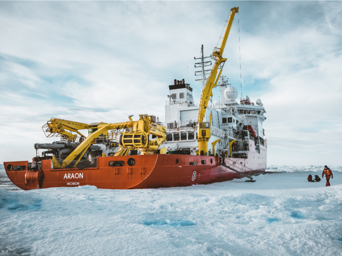 Scientists often travel to Antarctic research stations aboard large ships that are designed to break through thick ice.