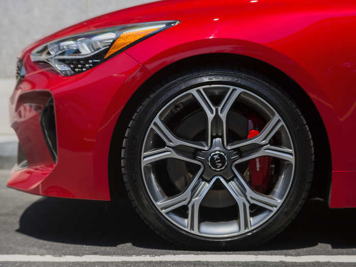 Some sharp-looking wheels, plus big discs and red Brembo calipers providing abundant stopping power. We drove two different trim levels of the Stinger: the all-wheel-drive GT2 and the rear-wheel-drive GT2.