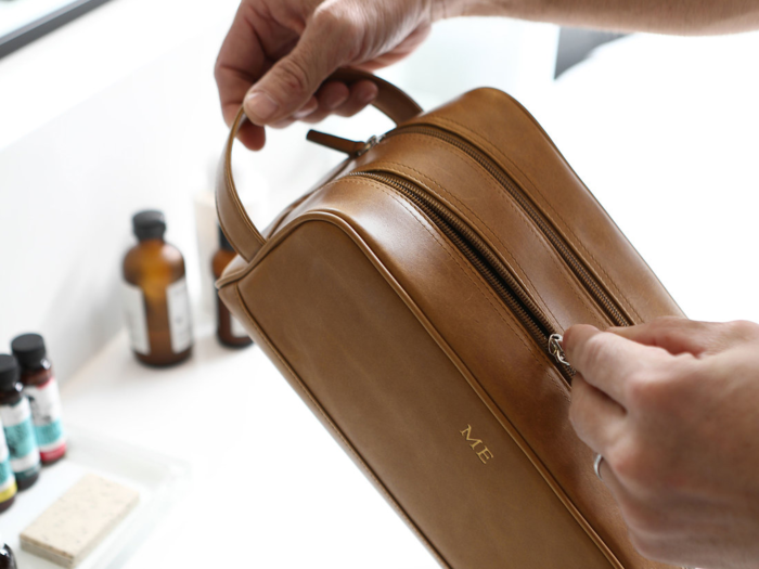 A sleek leather dopp kit