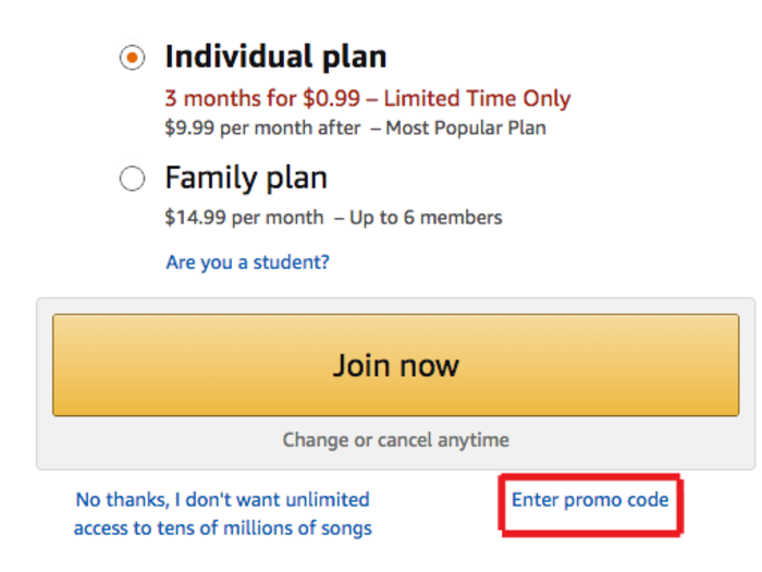 Choose the Individual plan, then click "Enter promo code" before joining.