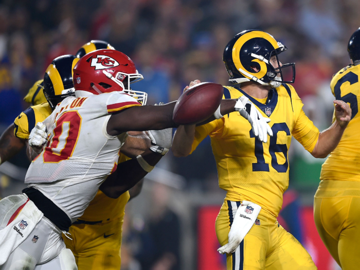 Chiefs linebacker Justin Houston stripped the ball from Goff and defensive end Allen Bailey ran the ball back for a touchdown to put the Chiefs up for the first time since the second quarter.