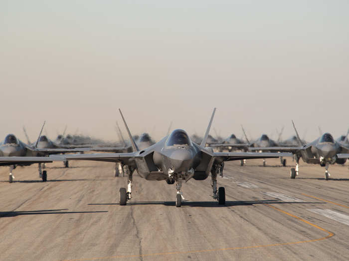 The milestone drill marks the first ever F-35 "Elephant Walk" combat power exercise, the purpose of which is to fly as many sorties as possible in a predetermined time period in preparation for a possible combat surge.