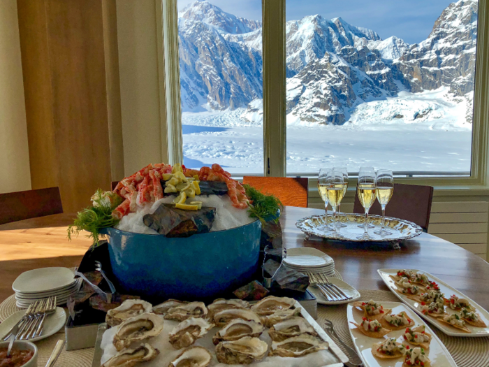 Guests are met upon arrival with Champagne and a seafood spread. "Our chef is a local Alaskan, Dave Thorne aka Delicious Dave, and has been touted as the 