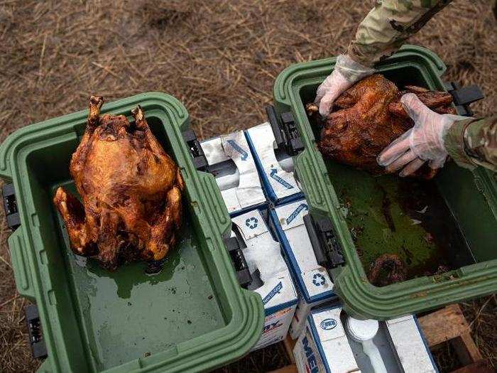 51,234 pounds of roasted turkey, 16,284 pounds of sweet potatoes, 81,360 pies, 19,284 cakes and 7,836 gallons of eggnog were sent to 270 dining facilities serving US military personnel.