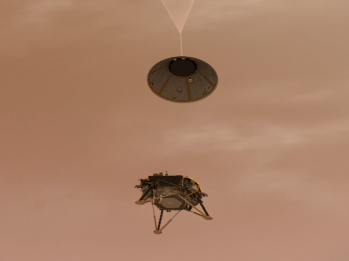 20 seconds later: InSight detaches from its back shell and parachute and begins free-falling toward the ground