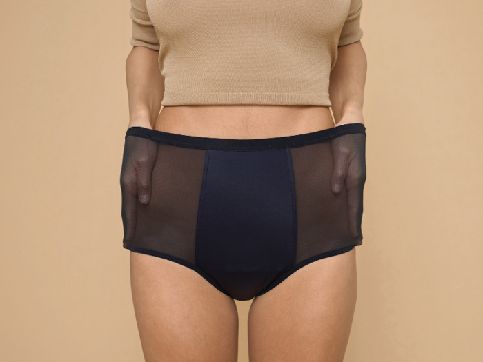 A pair of period underwear from a company that donates menstrual products