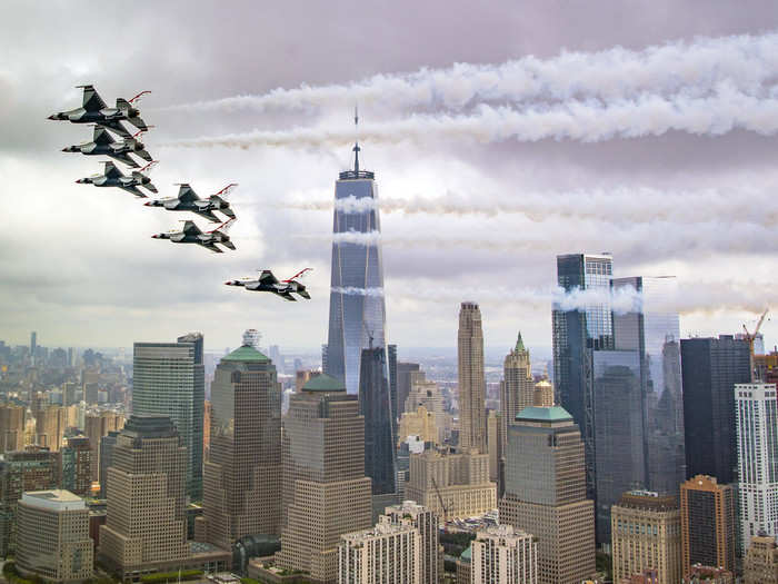 The Thunderbirds Delta formation performs a Pass in Review while flying past the Freedom Tower in New York on Sept. 17, 2018.