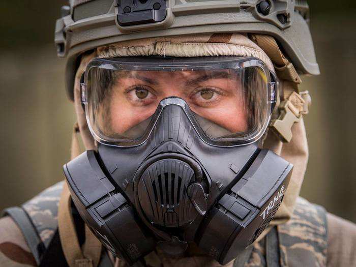 Airman Amanda Danforth, 96th Security Forces Squadron, watches the horizon during an alarm phase of a chemical, biological, radiological, nuclear and explosive training exercise at Eglin Air Force Base, Florida on Feb. 1, 2018.