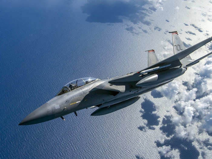 A U.S. Air Force F-15D Eagle flies above the Mariana Islands in support of exercise Valiant Shield on Sept. 18, 2018.