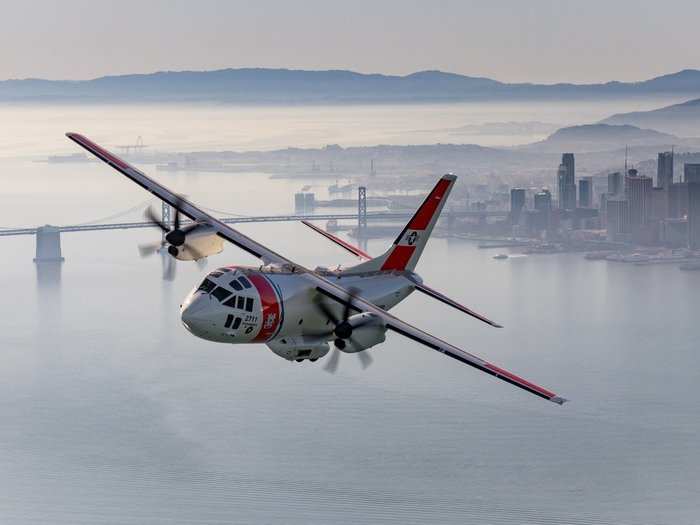 A Coast Guard C-27J Spartan crew, assigned to Coast Guard Air Station Sacramento, flies over San Francisco, California, during area of responsibility familiarization training, Monday on Feb. 6, 2018. The aircraft is outfitted with weather radar and communications equipment capable of supporting transport and other Coast Guard missions.