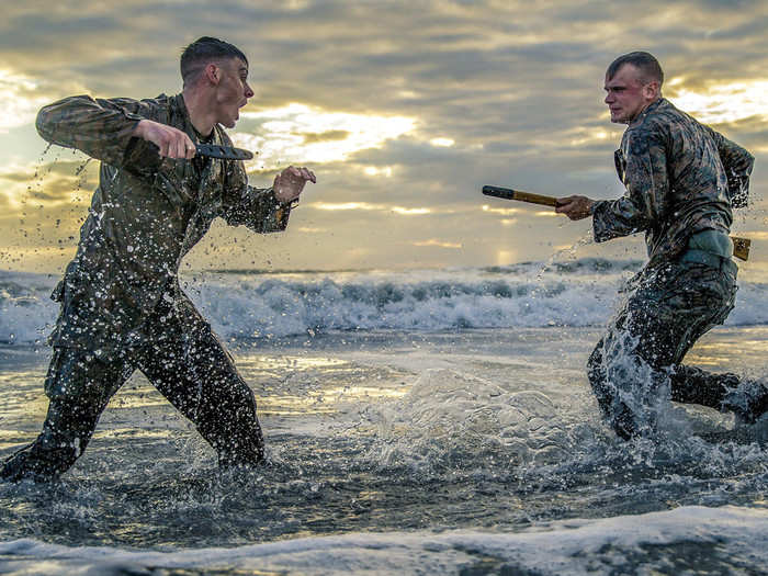 Marine Corps Cpls. Matthew Teutsch and Brett Norman participate in hand-to-hand and close quarters combat training at Camp Pendleton, California on Oct. 2, 2018.