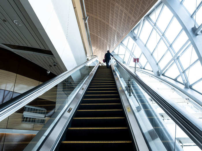 An escalator takes you to the train platform. Since the train system was launched in 2009, it has carried over 1 billion riders.