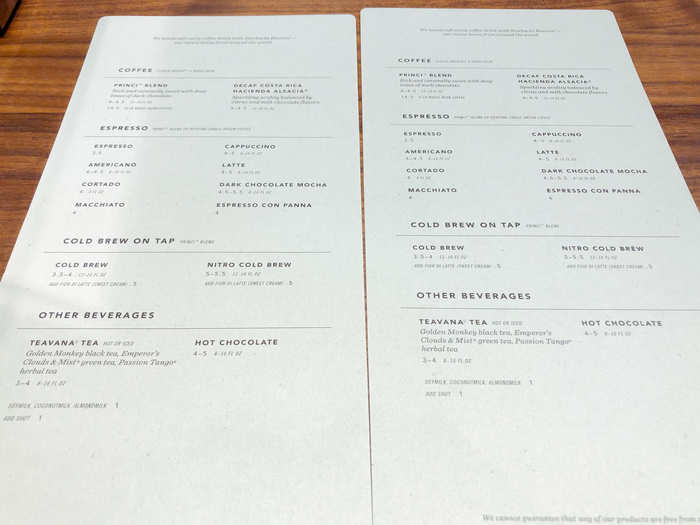 I noticed the menu was a lot smaller than at a traditional Starbucks store. Princi offers two coffee blends, espresso drinks, cold brew, nitro cold brew, and a few tea blends.