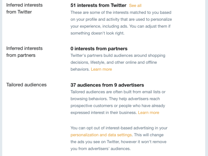 Scroll down to the section titled "Interests and ads data." Not only can you find your "inferred interests" collected by Twitter (the first section), but you can also discover what data Twitter has collected — and shared— so it can personalize the advertisements it shows you on its platform.