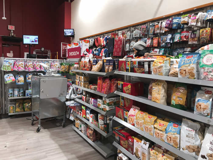 There were a lot of snacks and small products for sale by the register, which had a very long line.