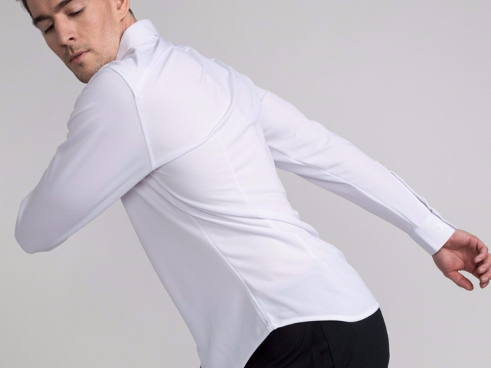 A collared shirt made from performance material