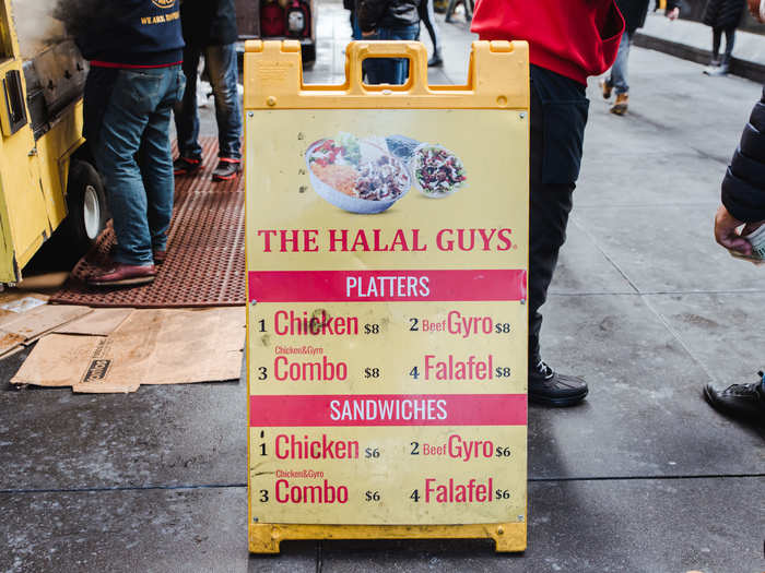 The Halal Guys serves a few different kinds of platters and sandwiches. The platters are $8, and the sandwiches are $6.