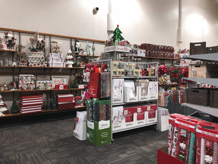 Christmas decorations and seasonal products were set up to the left of the entryway.