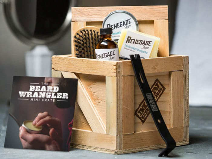 A beard kit packed inside a crate