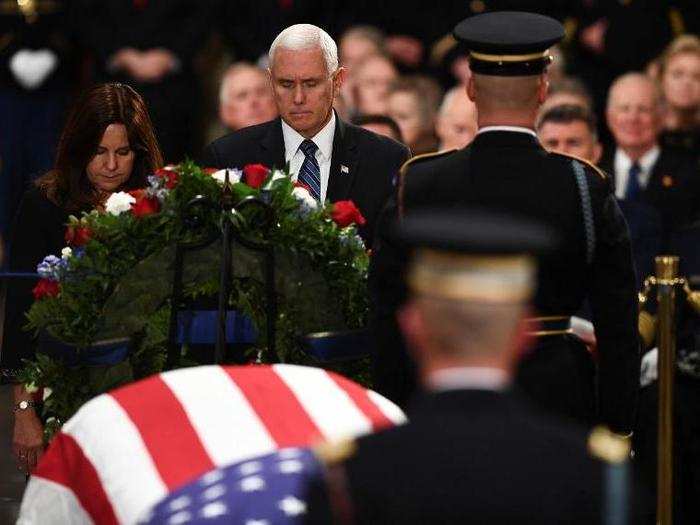 Vice President Mike Pence and Second Lady Karen Pence were also in attendance. In remarks at the service, Pence described Bush as someone who "never lost his love of adventure and he never failed to answer the call to serve his country."