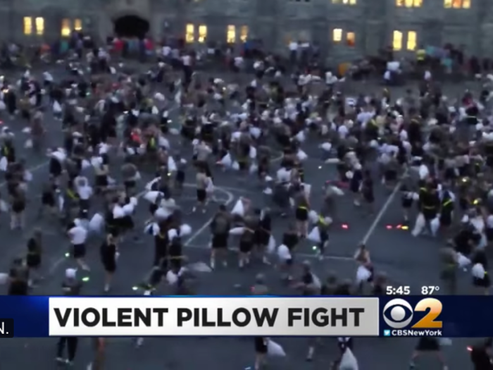 At West Point, plebes celebrate the end of their difficult summer with a giant pillow fight.