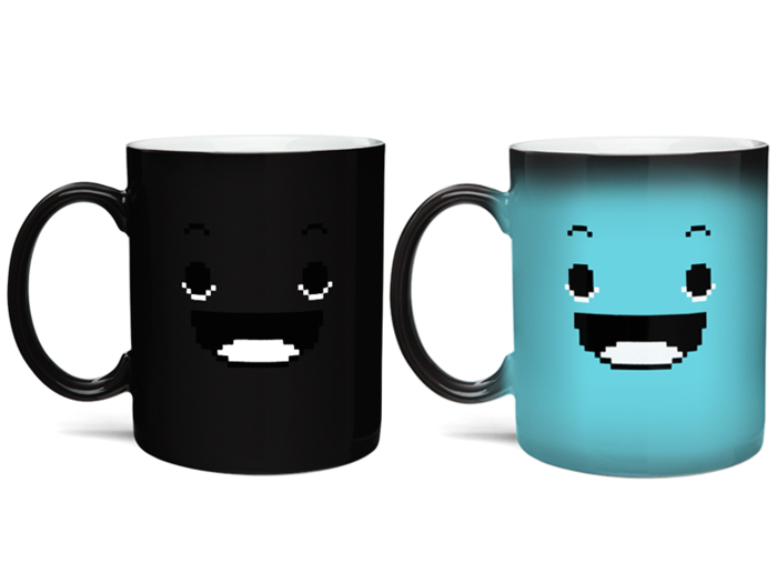 A mug that changes its face when hot liquid is poured into it