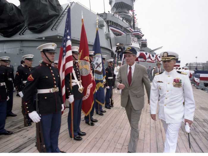 Then Vice President, George H.W. Bush USS Iowa re-commissioned the battleship USS Iowa in 1984