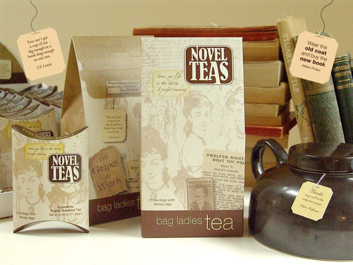 A box of English black tea bags with quotations