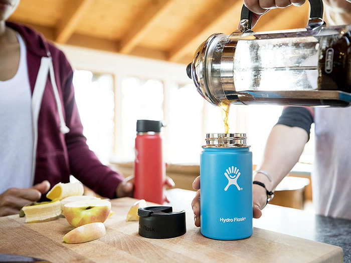 An insulated stainless steel water bottle that keeps drinks cold for up to 24 hours and hot for up to 6 hours
