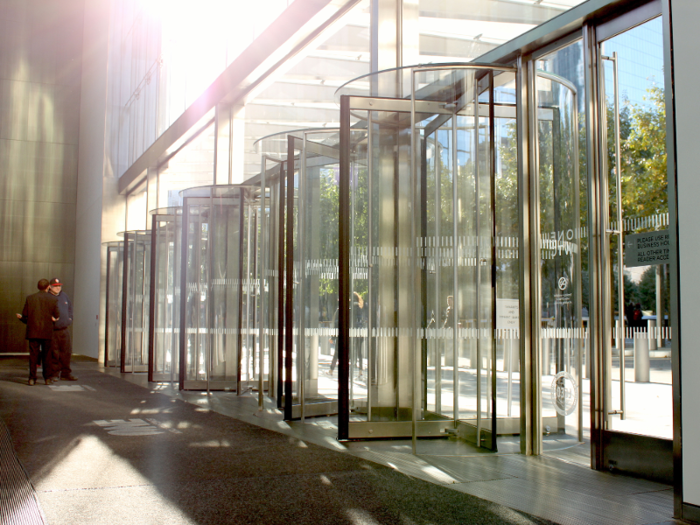 The lobby is light-filled and has 55-foot ceilings.