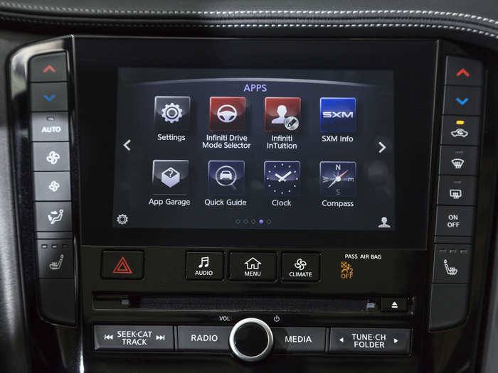 ... A seven-inch lower touchscreen that houses the climate controls, entertainment functions, and various apps. This is low-point of our experience with the QX50