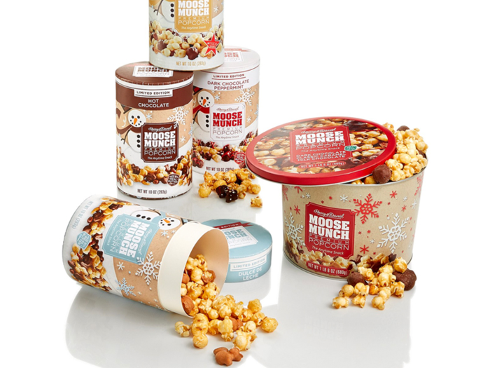 A tin of crunchy popcorn dipped in chocolate and caramel