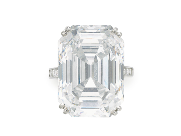 A rectangular-cut D color diamond ring of 28.70 carats sold for $2.05 million.