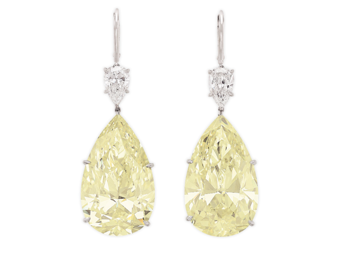 These pear-shaped earrings, called "The Foxfire Diamonds" are 37.87 and 36.80 carats each and sold for $1.57 million.