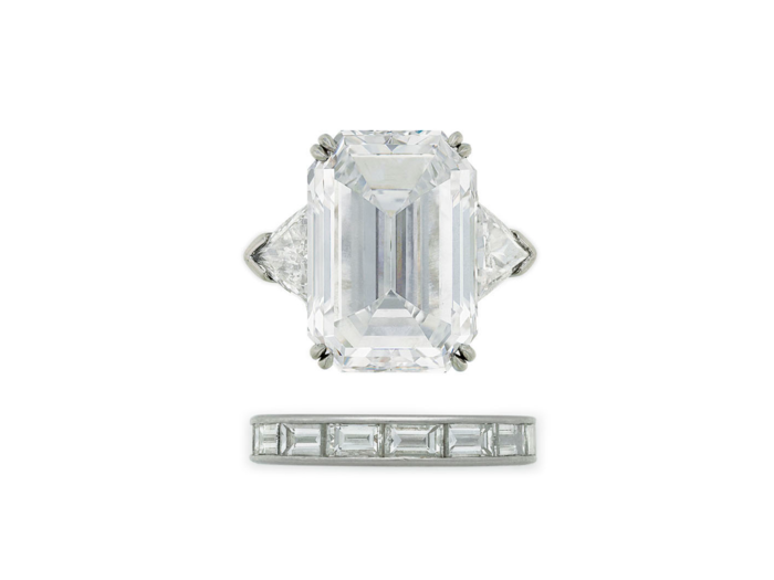 This rectangular-cut D color diamond ring of 12.64 carats by jeweler Harry Winston sold for $1.06 million.