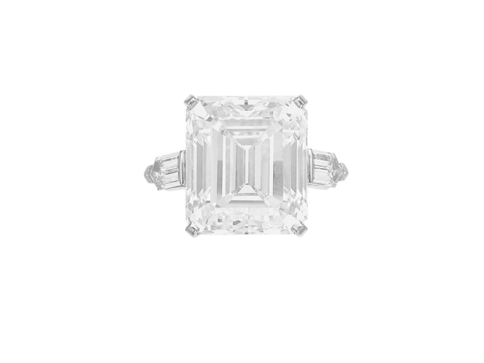 A rectangular-cut D color diamond ring of 18.77 carats by Carvin French also went for $936,500.