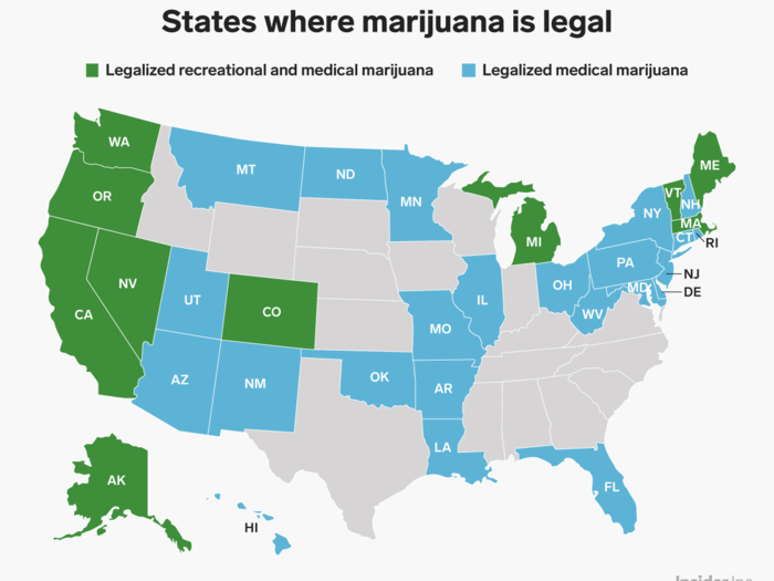 Another result of the midterms was that Michigan became the 10th state to legalize recreational marijuana and both Utah and Missouri voted to legalize medical marijuana. This map shows every US state where pot is legal: