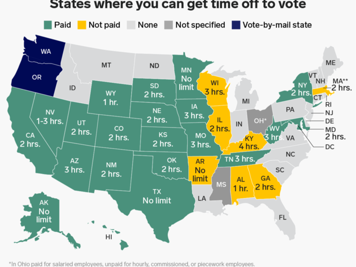 Leading up to the Midterm Elections in early November, we created a series of maps to help prepare voters across the country for Election Day. This map shows the states that grant employees time off work to vote.