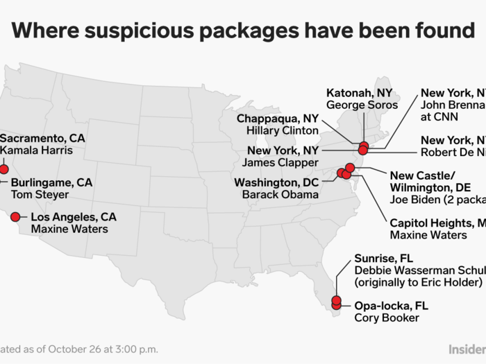 Starting on October 23, a series of explosive devices were sent in the mail to Hillary Clinton, Barack Obama, and other high-ranking Democrats around the country. On October 26, authorities identified the suspect in connection to the mail bombs as Cesar Sayoc Jr..