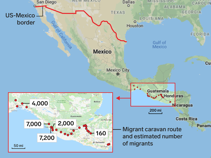 The caravan of an estimated 7,200 migrants from Central America have traveled by foot through southern Mexico. Traveling tens of miles each day in sweltering heat, this map shows the caravan