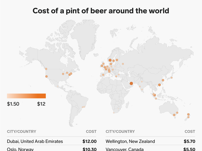 Based on the same Deutsche Bank report, we mapped the average price for 15 different goods and services in various cities based on the report. Click the link below to see all of the maps.