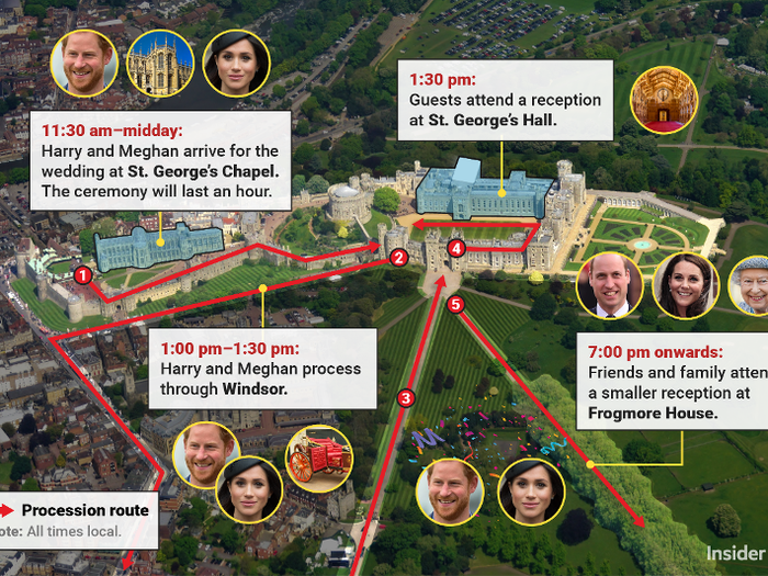 Prince Harry and Meghan Markle got married at Windsor Castle on May 19. This map shows the procession route on their wedding day, starting with a ceremony at St. George