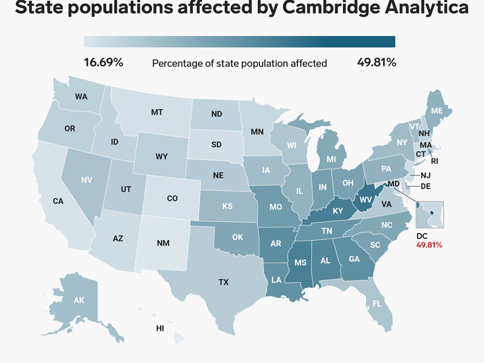 April was also when 87 million Facebook users received notifications saying their data had been compromised in the highly publicized Cambridge Analytica scandal. This map shows a state-by-state breakdown of Facebook users who were impacted.