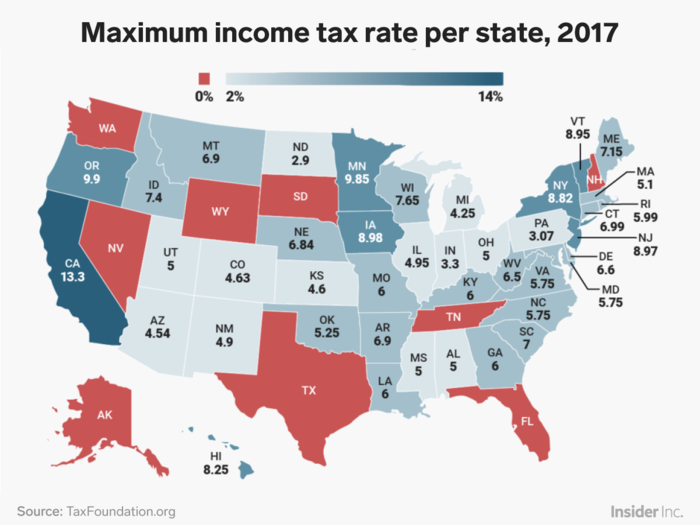 April 17 was Tax Day in the US. This map shows the income tax rate per state for 2017 filings. President Trump