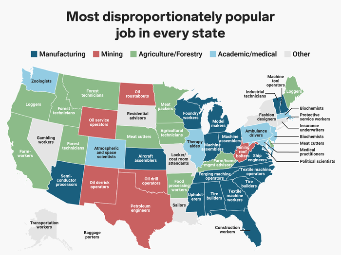 We also analyzed data from the Bureau of Labor Statistics to find the most disproportionately popular job in every state. Fashion designers flock to New York, Nevada is rife with gaming service workers, and Texans are more likely to be petroleum engineers than workers in other states.