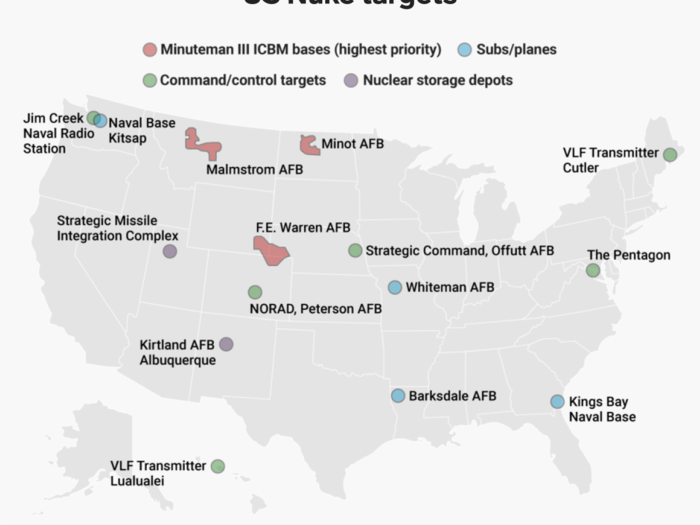 In March, Russian President Vladimir Putin announced new, supposedly unstoppable nuclear weapons that could hit the US in a matter of minutes. This map shows the essential points Russia would have to attack to wipe out US nuclear forces: