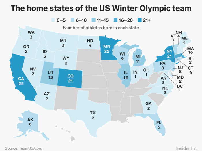 On February 9, the 2018 Winter Olympics began in Pyeongchang, South Korea. More than 200 athletes on the roster for the US Olympic team competed. Even though they tend to live where the training is best, they were born all over the country.