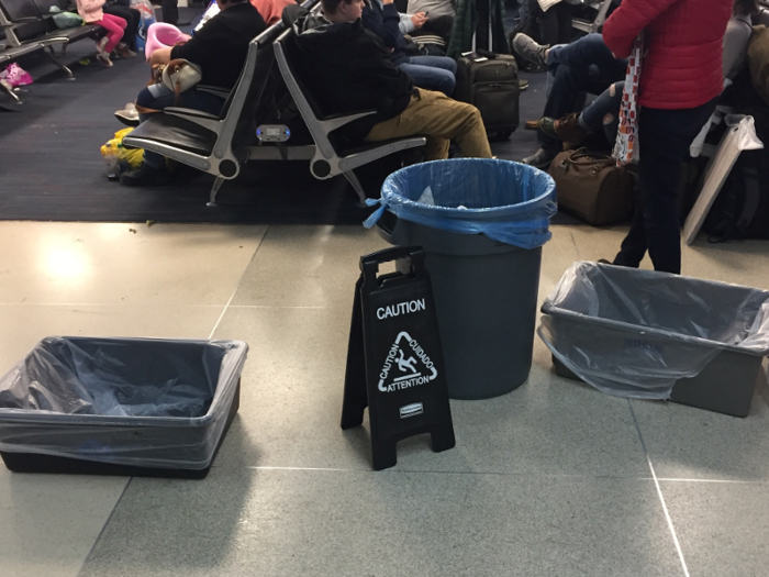 In December 2017, there were garbage cans positioned to catch water dripping from the ceiling.