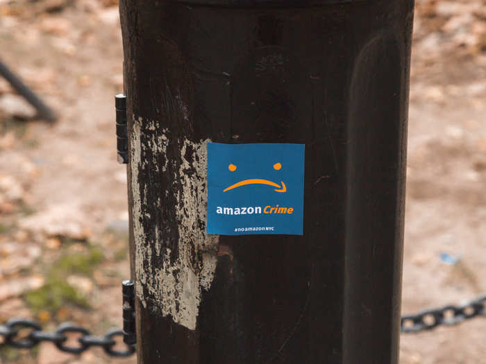 On the way to City Hall, there were "Amazon Crime" stickers on nearly every lamppost.